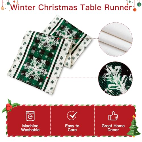 Snowflakes Christmas Table Runner Green Black Plaid Farmhouse Holiday Decor 13x48 Inch