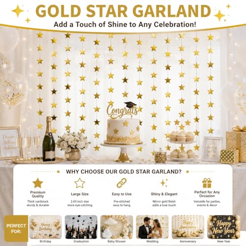 Gold Star Garland - 66 FT Double-Sided Paper Banner with 165 Stars