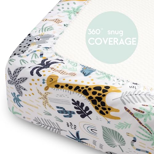 Yoofoss Pack and Play Sheets - 38x26 Fitted Mini Crib Bedding, Green & Giraffe