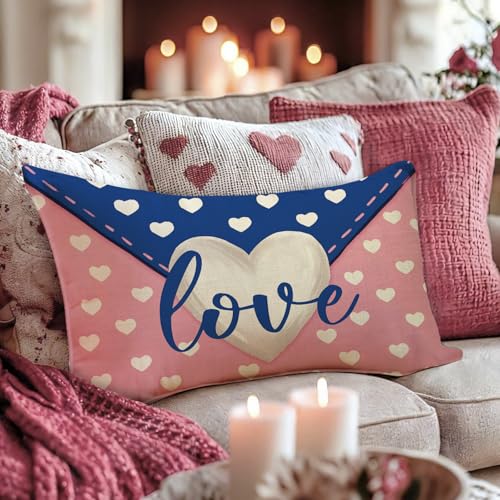 Fahrendom Valentines Day Love Heart Lumbar Pillow Cover 12x20 Inches - Pack of 1