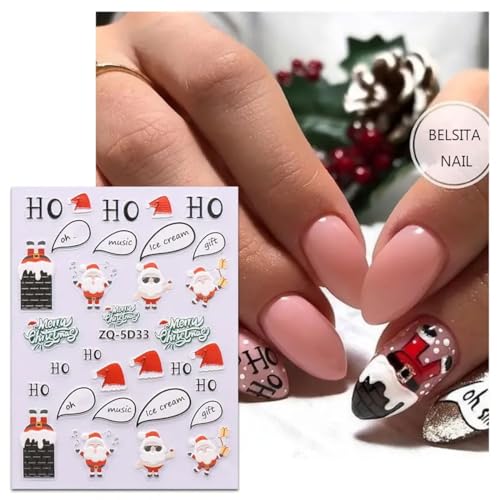BELSITA 5D Embossed Christmas Nail Decals - Santa Snowflake Stickers (3 Sheets)