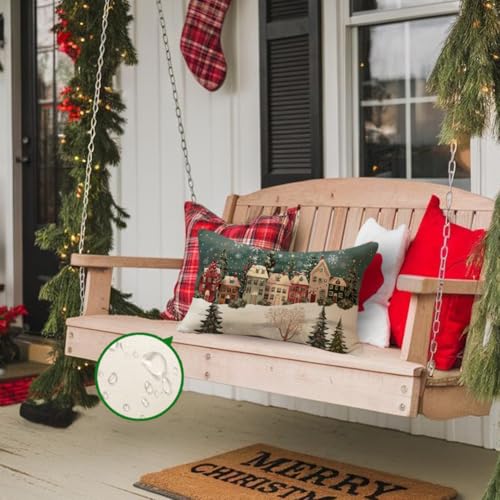 Outdoor Christmas Pillow Cover 12x20 Waterproof Forest House Decor - Green