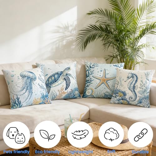 Coastal Throw Pillow Covers 18x18 Blue Marine Life Set of 4 Nautical Velvet