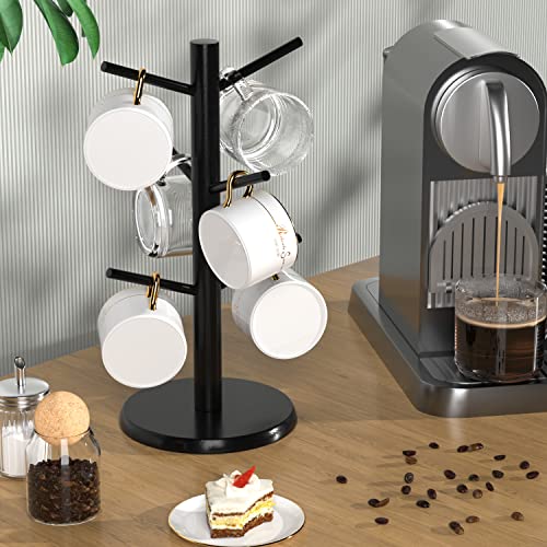 Bamboo Mug Tree Holder with 6 Hooks – Countertop Coffee Cup Organizer