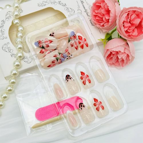 3D Floral Press On Nails Medium Almond French Tip False Nails