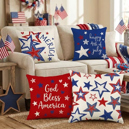 Honamonoy Patriotic Star Throw Pillow Covers 18x18 Inch Set of 4 - 4th of July & Independence Decor