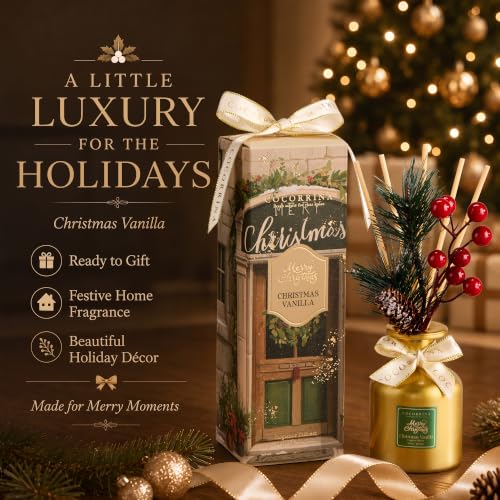 Christmas Vanilla Reed Diffuser Set - Home Fragrance with Gold Bottle & Holiday Decor