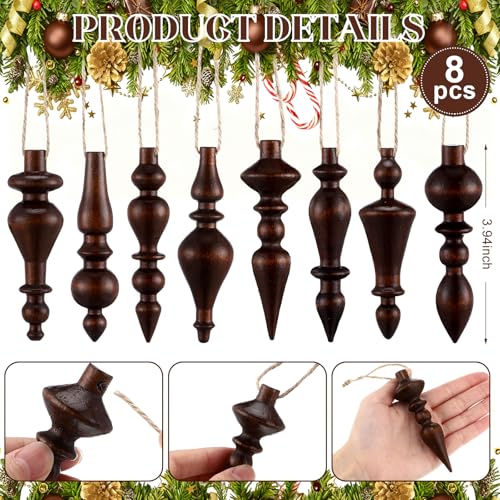 Wooden Christmas Ornaments Set - Brown Finials, 8 Pcs Holiday Decor