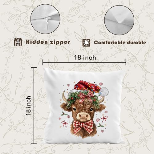 Christmas Highland Cattle Pillow Cover 18x18 - Farmhouse Cow Decor, Highland Cow Christmas Variation