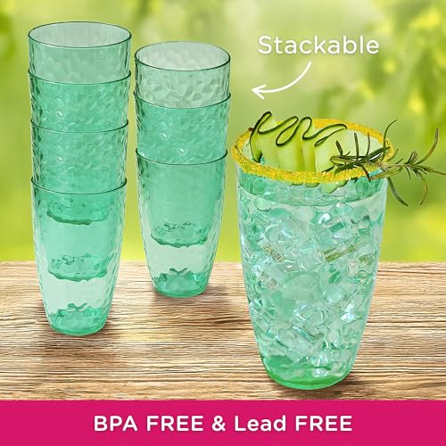 Kate Aspen Hammered Teal Plastic Drinking Glasses Set of 8, 23 oz, Acrylic Glasses Drinkware, Tumblers & Water Glasses for Patio, Iced Tea, Smoothies, BPA-Free Plastic Cups Reusable