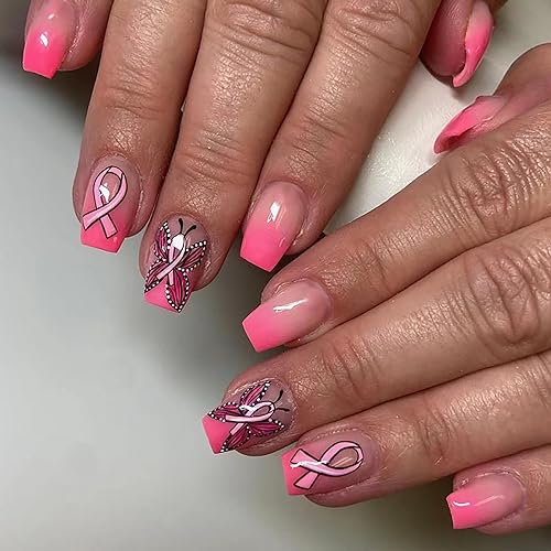 Onsdag Pink Press on Nails Short Square Glossy Butterfly False Nails