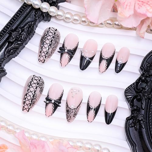Black Lace Bow French Tip Medium Almond Press on Nails with Pearls