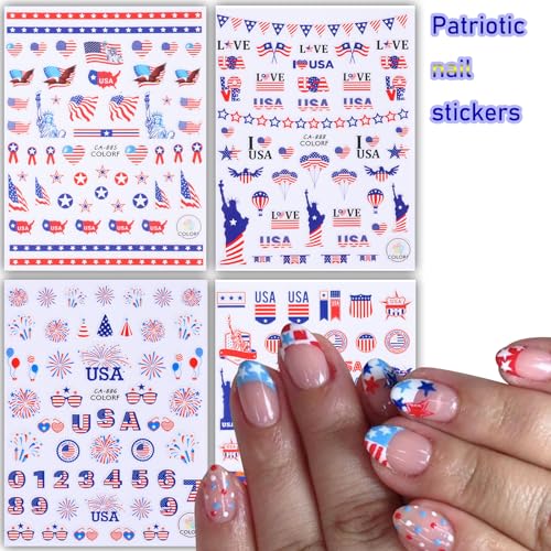 HOXIEYA 4th of July Patriotic Nail Stickers - 4 Sheets American Flag Design