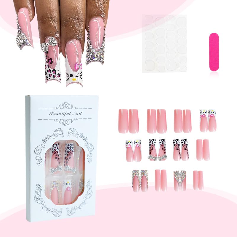 Press on Nails Coffin Medium Long Pink 3D Leopard Rhinestone False Nails