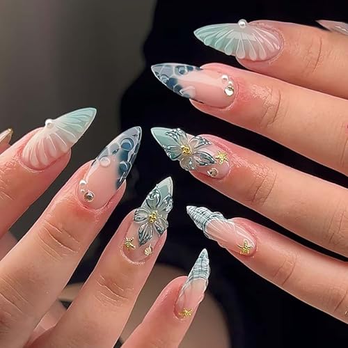 Medium Almond Press on Nails Blue Flower False Nails with Pearl Starfish Rhinestones Reusable Acrylic Nails