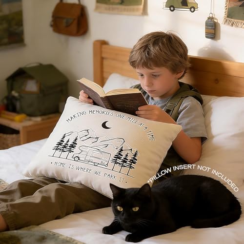Happy Camper Throw Pillow Cover, 18x18 Vintage Travel Trailer Cushion Case