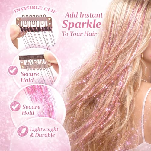 EROADE Clip-In Hair Tinsel 22-Inch 12 Pcs Rainbow Fairy Glitter Extensions