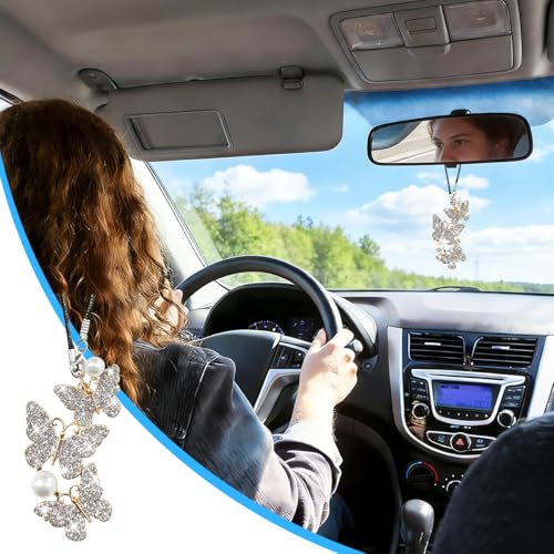 Bittwee Butterfly Crystal Car Rearview Mirror Ornament - White