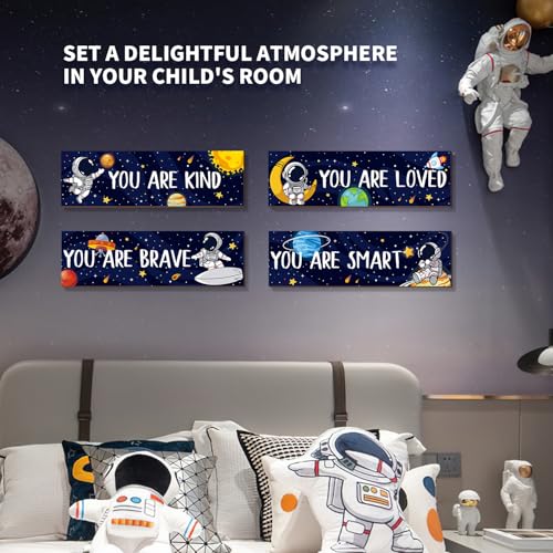 4-Piece Space Bedroom Wall Art Set – Astronaut Solar System Decor for Kids