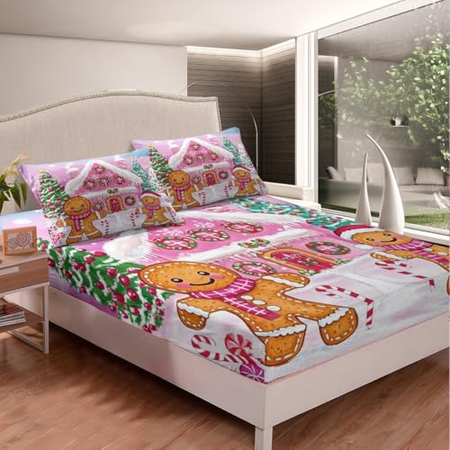 Kids Pink Christmas Sheet Set King Size - Merry Christmas Bedding for Boys & Girls - Variation of Pink White Green