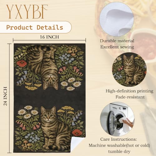 Vintage Floral Tabby Cat Kitchen Towels - 16x24 Inches, Artistic Design