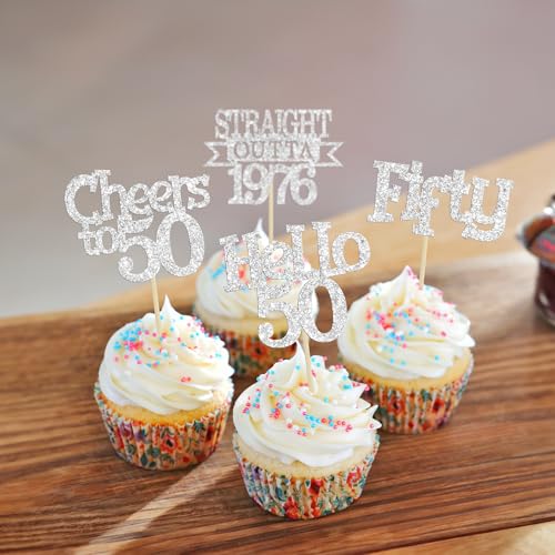 Happy 50th Birthday Cupcake Toppers - 24Pcs Glitter Decorations