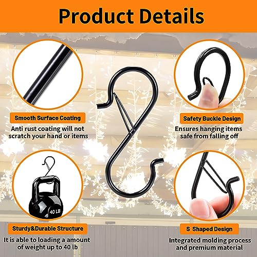 12 PCS Heavy Duty Metal S Hooks with Safety Buckle - 3.5 Inch Black