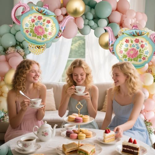 35" Green Blue Teapot Balloons - 4 Pcs Foil Tea Party Decorations