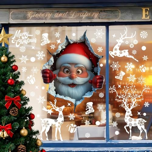 Christmas Window Clings Double Sided 3D Santa Reindeer Snowflake Vinyl Decals - Red White