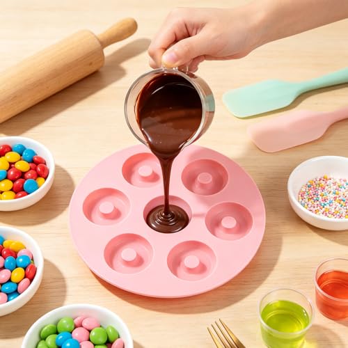 7-Cavity Silicone Donut Mold for Chocolate & Candy - Pink