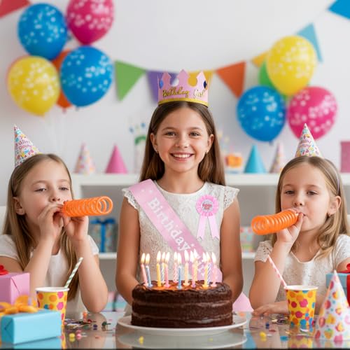Pink Birthday Girl Crown and Sash Set for Girls | Party Accessories