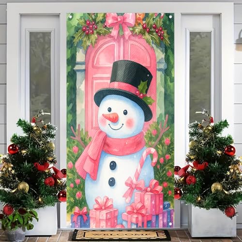 BlissYard Pink Snowman Christmas Door Cover 35x71 Inch Wall Banner