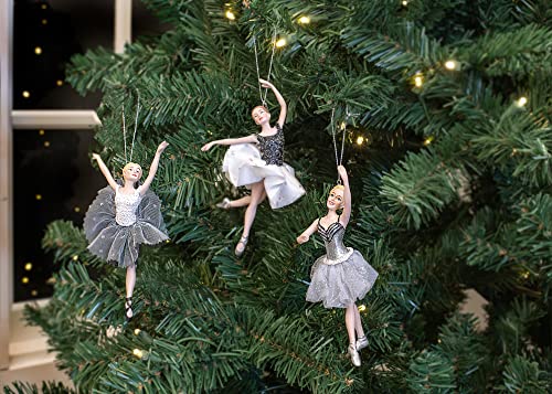Set of 3 Black Silver White Ballerina Christmas Ornaments - Whimsical Holiday Decor