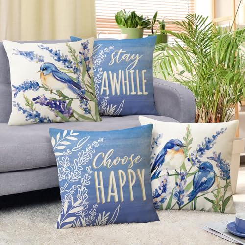 Hello Spring Bluebird Decorative Throw Pillow Covers - Set of 4