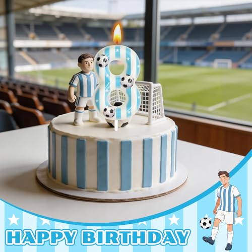Blue Soccer Themed Number 8 Birthday Candles for Cake Decoration - Candsun