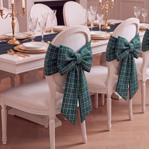 Christmas Chair Back Covers with Bow Set - Green Tartan Velvet, 6 Pieces