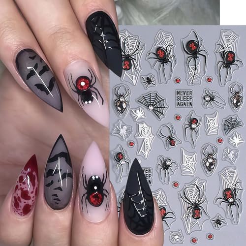 Halloween Spider Nail Stickers Rhinestone 3D Self-Adhesive Decals 6 Sheets