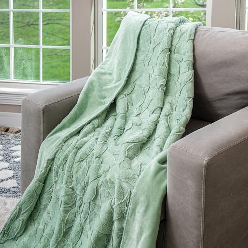 Northwest HGTV Luxuriously Soft Faux Fur Throw Blanket, Triple Jacquard Carved Design with Micro Mink Reverse, Plush Layer for Bed, Couch, Sofa, Living Room, Travel, or Gift, 50 x 70 inches, Green