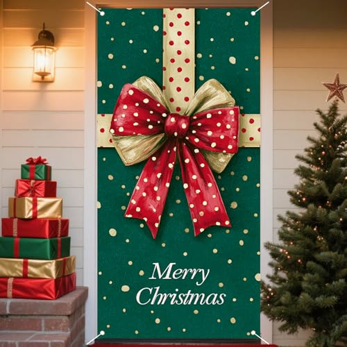 Christmas Bow Dots Door Banner - 35x71 Inches Polyester Decor