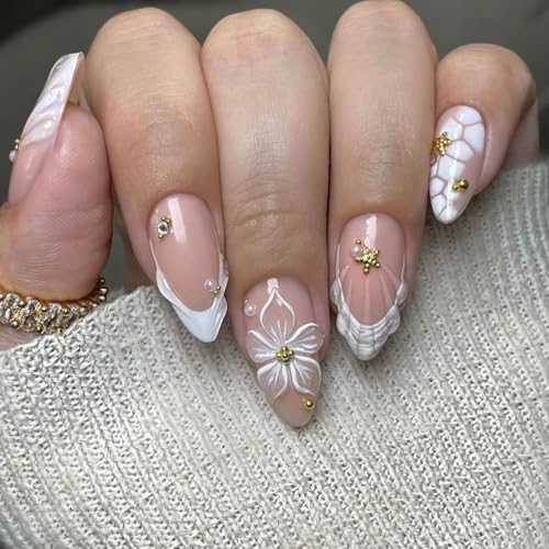 Bloazife 3D Flower French Tip Press On Nails Medium Almond False Nails