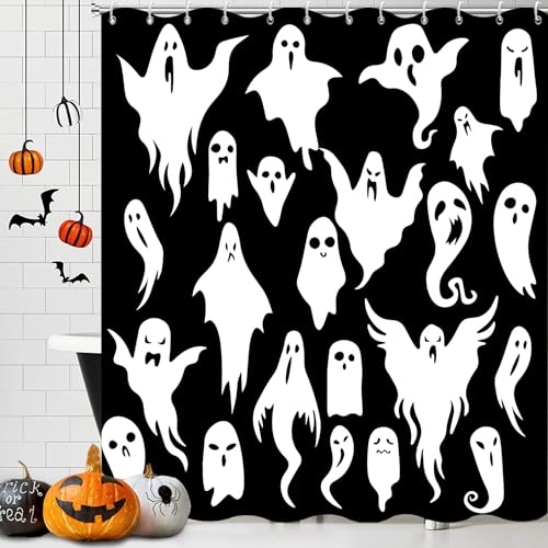 Halloween Shower Curtain - Black & White Spooky Ghosts, 72"
