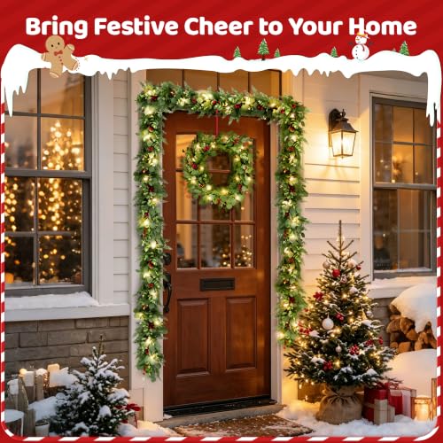 BlessedSeason 6 FT Christmas Garland with 8-Mode LED Lights - Realistic Indoor & Outdoor Decor
