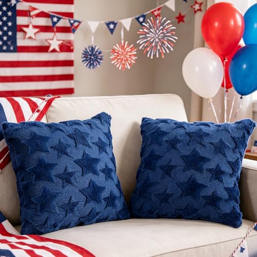4th of July Pillow Covers Set of 2 - 18x18 Blue Star Design