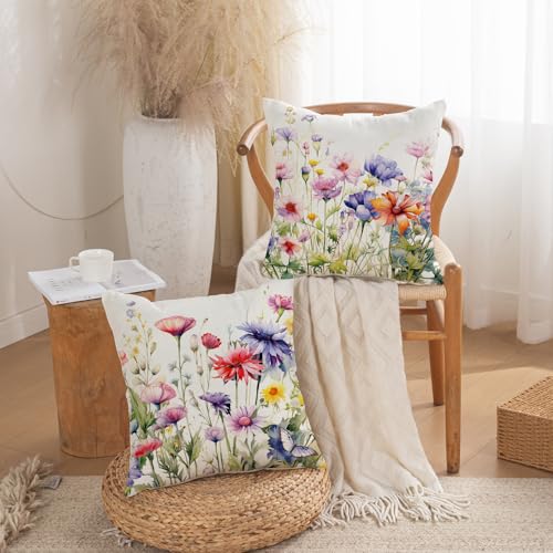 TAJWE Spring Floral Pillow Covers 18x18 Inch Set of 2 - Farmhouse Decorative Cushion Cases for Sofa & Couch