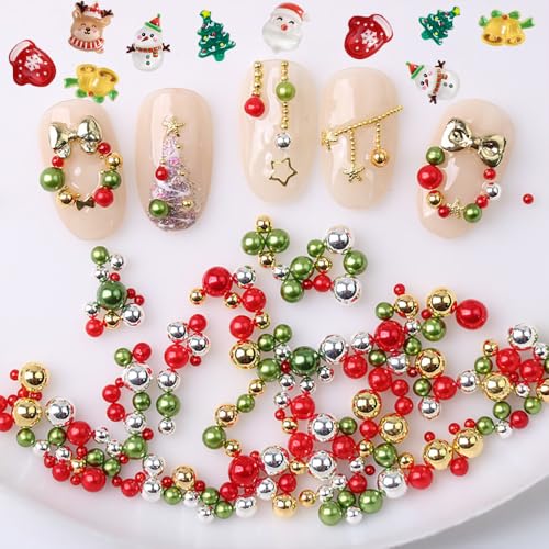 Christmas Nail Charms - 2 Boxes Red Green Metal Gems & Pearls