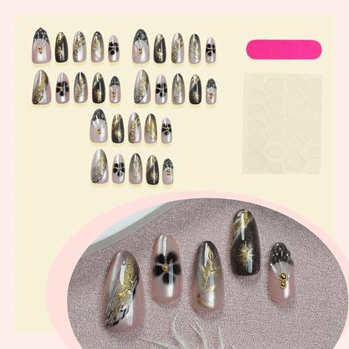 Black French Tip Press On Nails Medium Almond Fall Maple Leaf False Nails