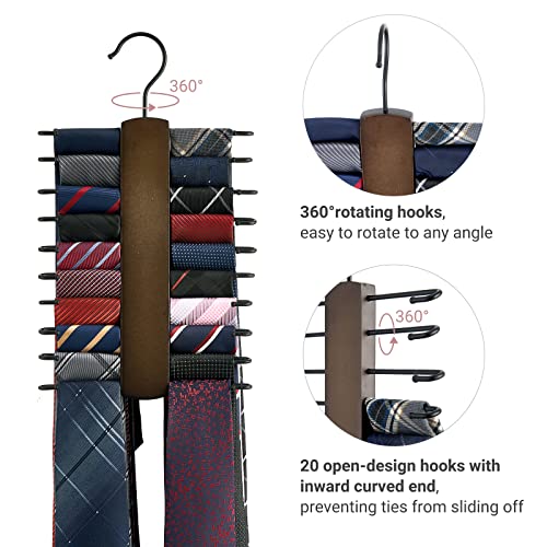 Mkono Wooden Tie Rack Holder with 20 Rotating Hooks - Space Saving Organizer