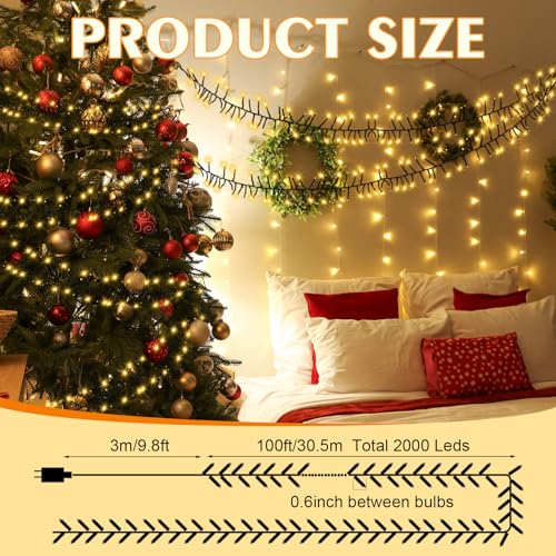 Warm Light 100Ft 2000 LED Christmas String Lights with Remote & 8 Modes