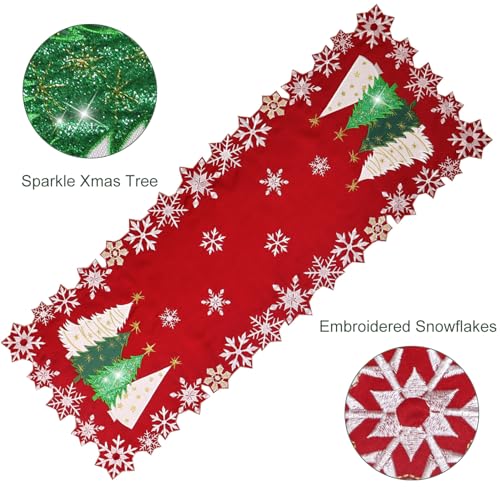 Christmas Tree Table Runner 13x48 Inch Red Embroidered Snowflakes Holiday Decor