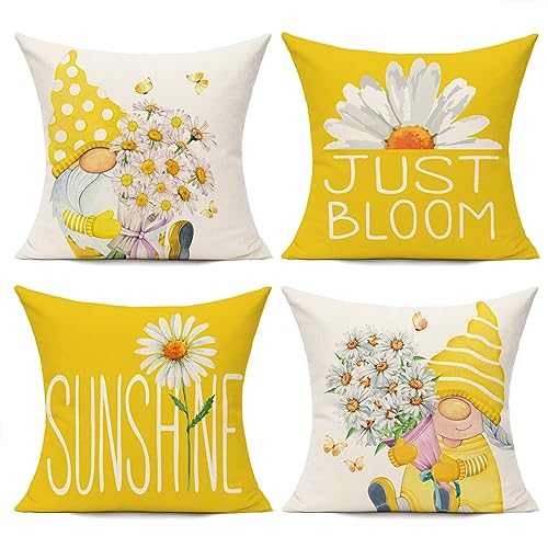 Yellow Outdoor Throw Pillow Covers 18x18 (Set of 4) - Daisy Floral Gnomes